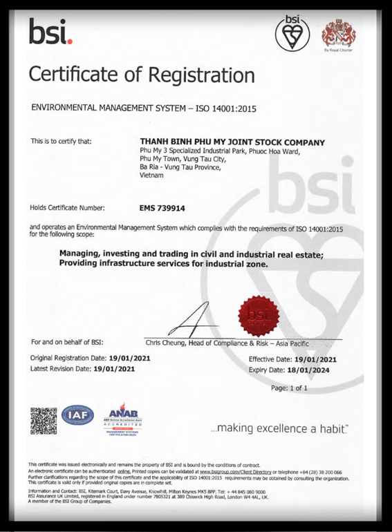 Certificate of Registration Environmental Management System - ISO 14001:2015